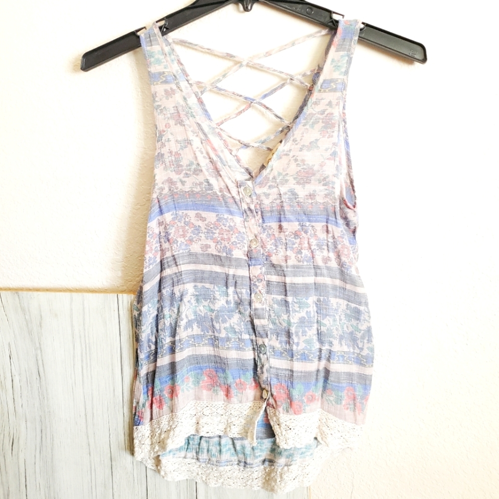 Eyelash Couture Sheer Lightweight Button Down Cross Strap Tank Lace Hem Sz M